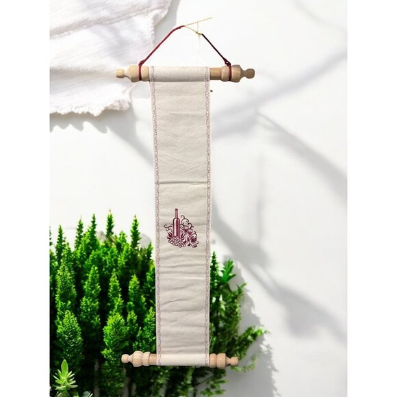 Wine-Themed Embroidered Scroll Wall Hanging With Wooden Rods & Red Cord - Picture 2 of 9